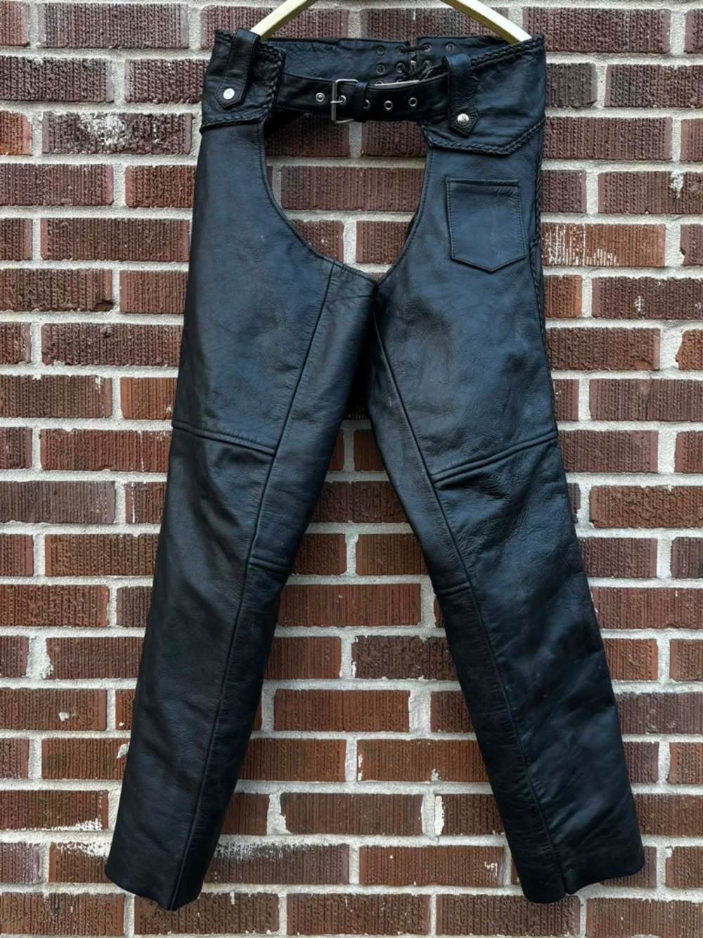 AllState Leather Sz S Unisex Riding Moto biker Black Leather Braided Chaps